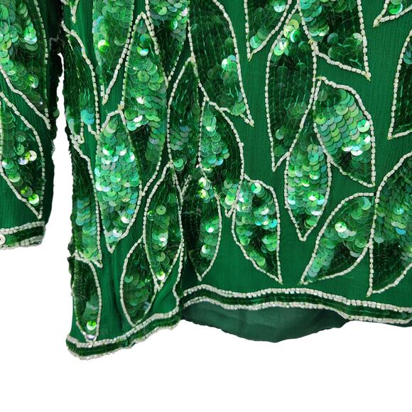 VINTAGE ANUJAN XL SILK ALL OVER BEADED FLORAL LEAF LONG SLEEVE BLOUSE - Picture 4 of 7